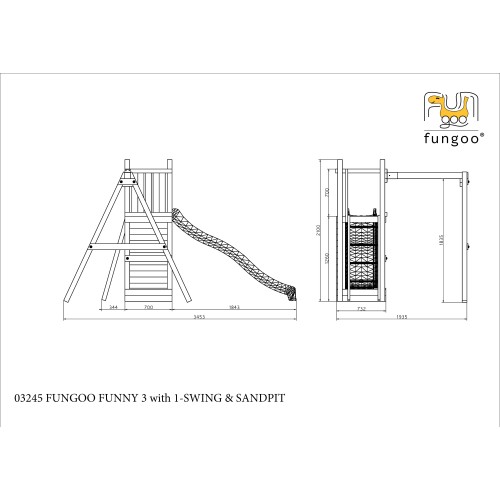 Parco giochi in legno FUNGOO FUNNY 3 con scivolo e altalena
