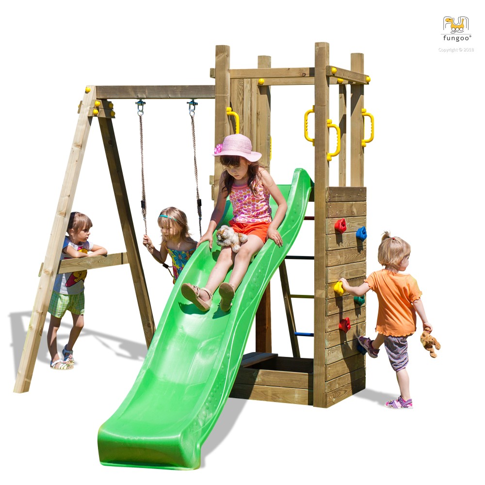 Parco giochi in legno FUNGOO FUNNY 3 con scivolo e altalena