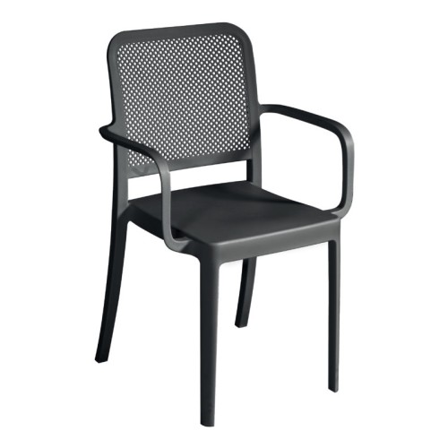 Sedia Impilabile in Polipropilene con Braccioli – Grigio Antracite, Traforata e Resistente ai Raggi UV