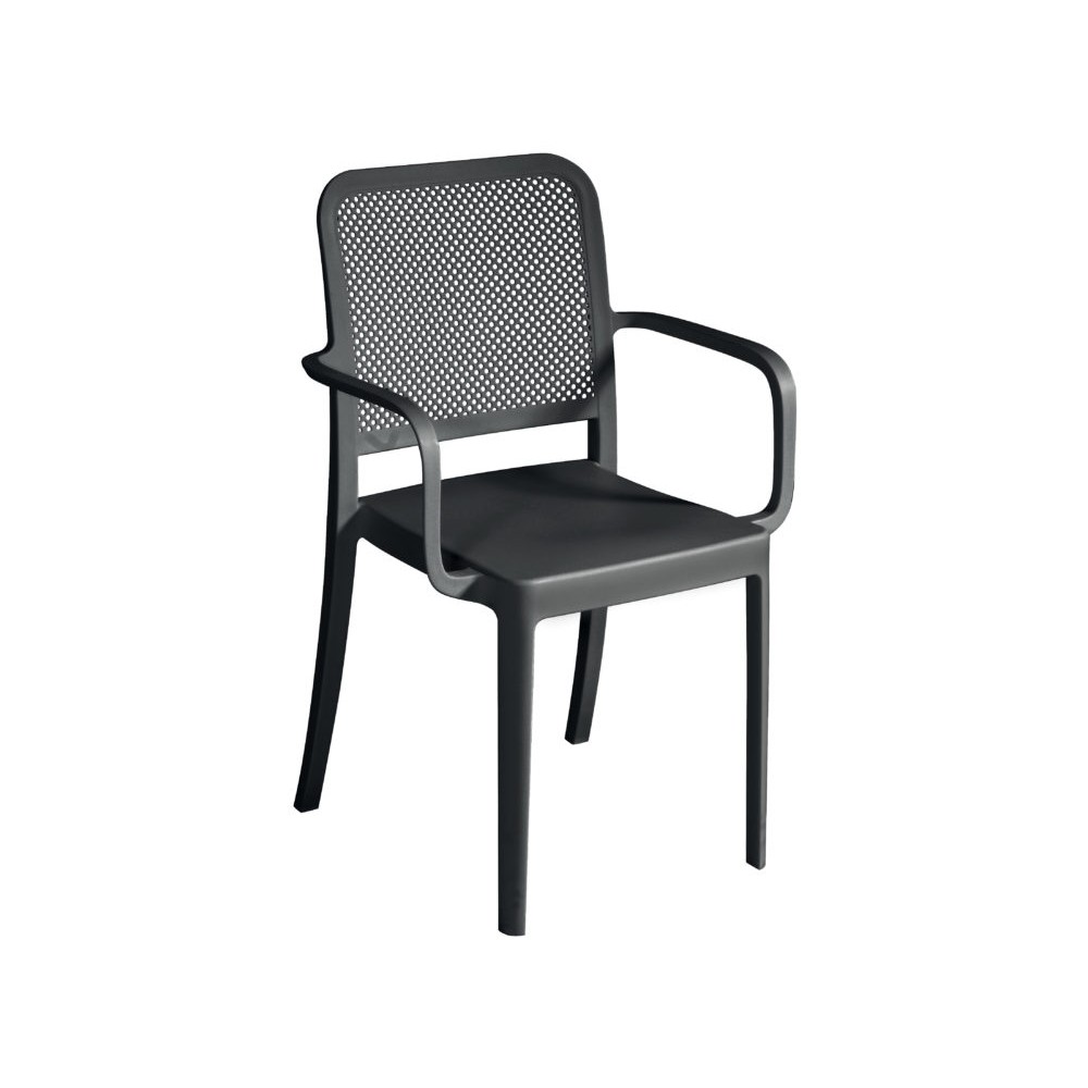 Sedia Impilabile in Polipropilene con Braccioli – Grigio Antracite, Traforata e Resistente ai Raggi UV