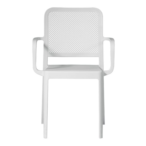 Sedia Impilabile in Polipropilene con Braccioli – Bianca, Traforata e Resistente ai Raggi UV