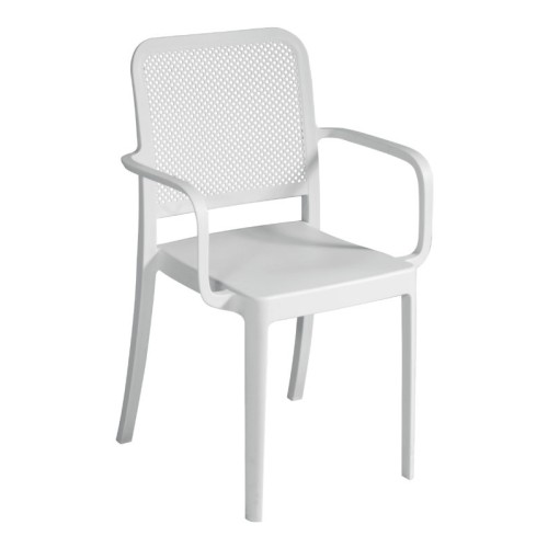 Sedia Impilabile in Polipropilene con Braccioli – Bianca, Traforata e Resistente ai Raggi UV