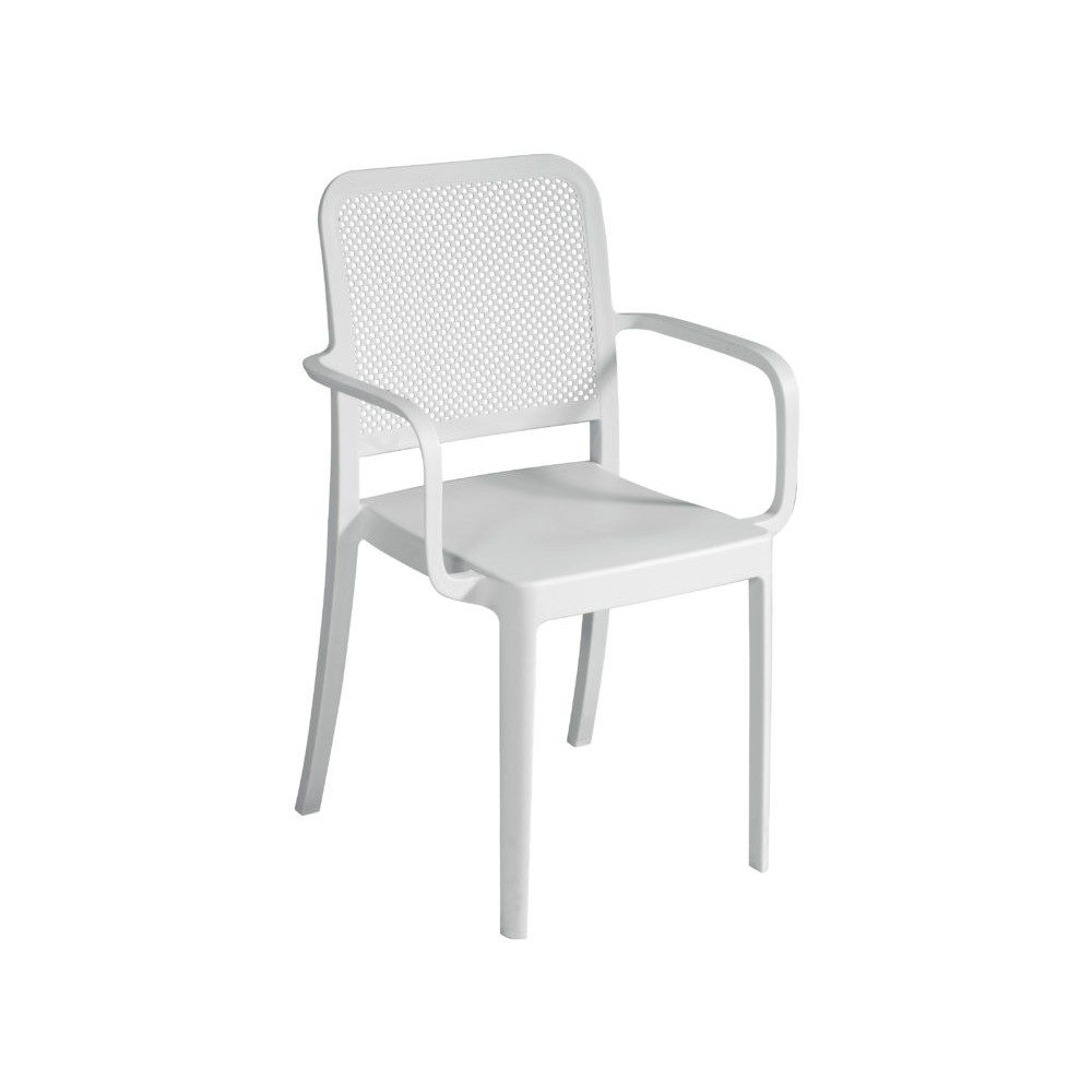 Sedia Impilabile in Polipropilene con Braccioli – Bianca, Traforata e Resistente ai Raggi UV