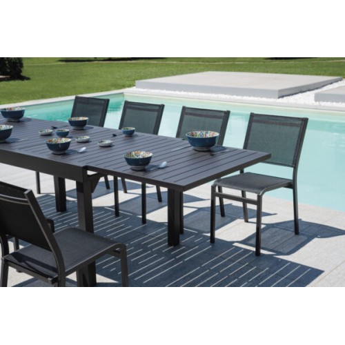 Sedia Pola in Alluminio Antracite – Seduta in Textilene Nero, Impilabile e Senza Braccioli