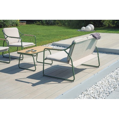 Salotto Tinos in Ferro con Cuscini Ecrù – 2 Poltrone, Divano 2 Posti e Tavolino in Ceramic Glass