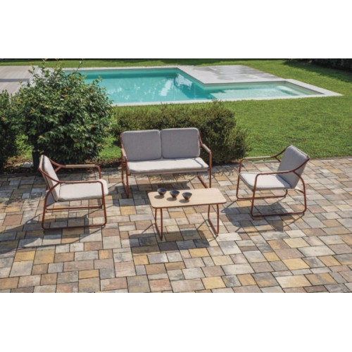 Salotto da Giardino Tinos in Ferro Rosso – 2 Poltrone, Divano e Tavolino