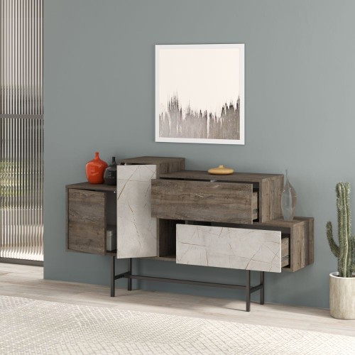 Madia Hermes colore dark coffee con ante e cassetti effetto marmo 160