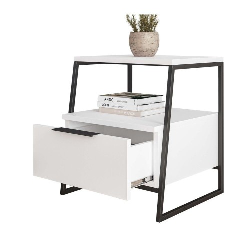 Comodino Pal con struttura bianca e gambe in metallo nero