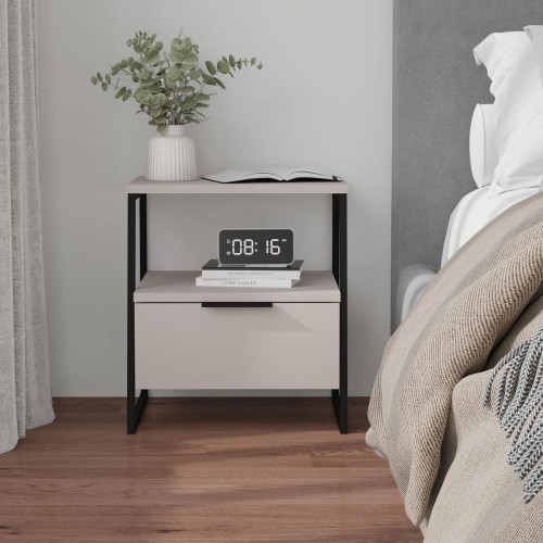 Comodino Pal con struttura cashmere e gambe in metallo nero