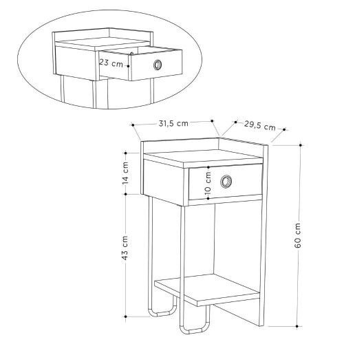 Comodino Sirius con cassetto tortora e gamba in metallo