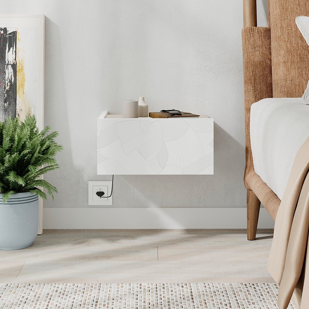 Comodino sospeso Onda colore bianco e cashmere con luci