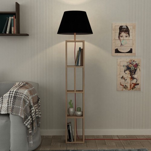 Lampada da terra Giorno con libreria rovere e parlume nero