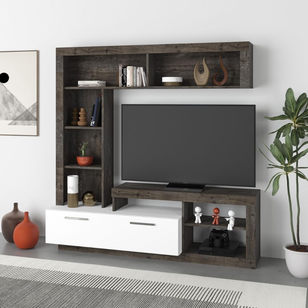 Parete attrezzata Leo con nicchie a giorno e anta a ribalta