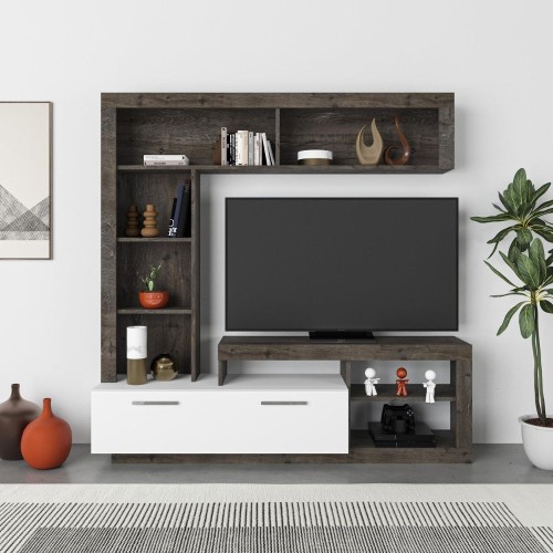 Parete attrezzata Leo con nicchie a giorno e anta a ribalta